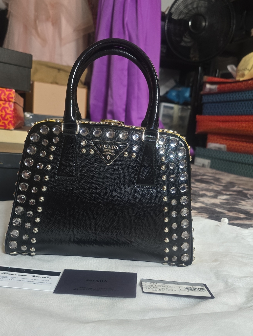 Prada Black Saffiano Leather Studded Top-Handle Satchel